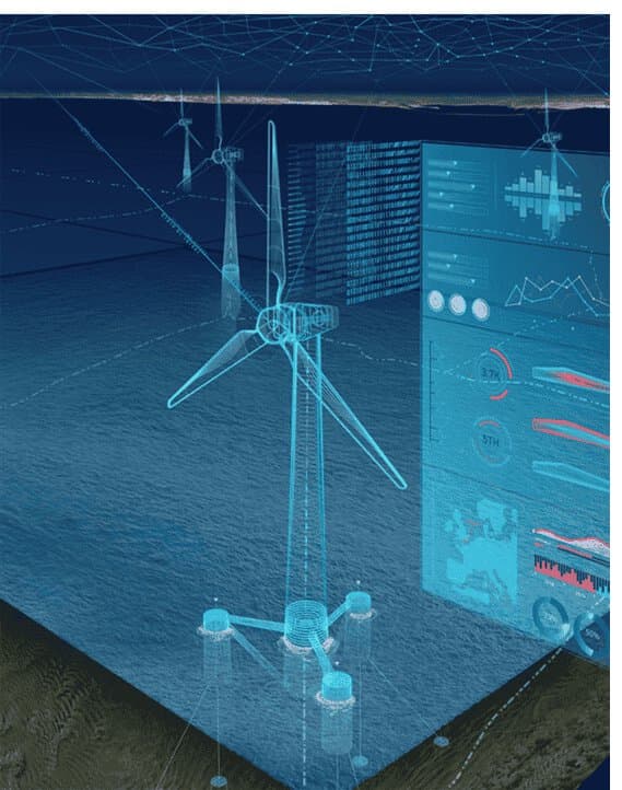 Illustration of an offshore wind farm with semi-transparent turbines above the sea, a cross-section of seabed layers below, and floating digital analytics panels showing performance and environmental data.